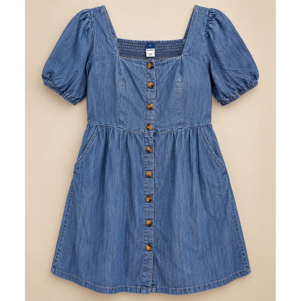 Old Navy Denim Mini Chambray Dress XL Square Neck Puff Sleeve Button Front BoHo - Picture 2 of 7
